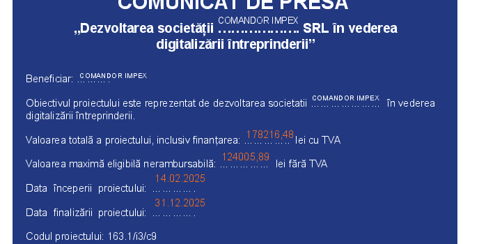 Dezvoltarea societății COMANDOR IMPEX SRL în vederea digitalizării întreprinderii